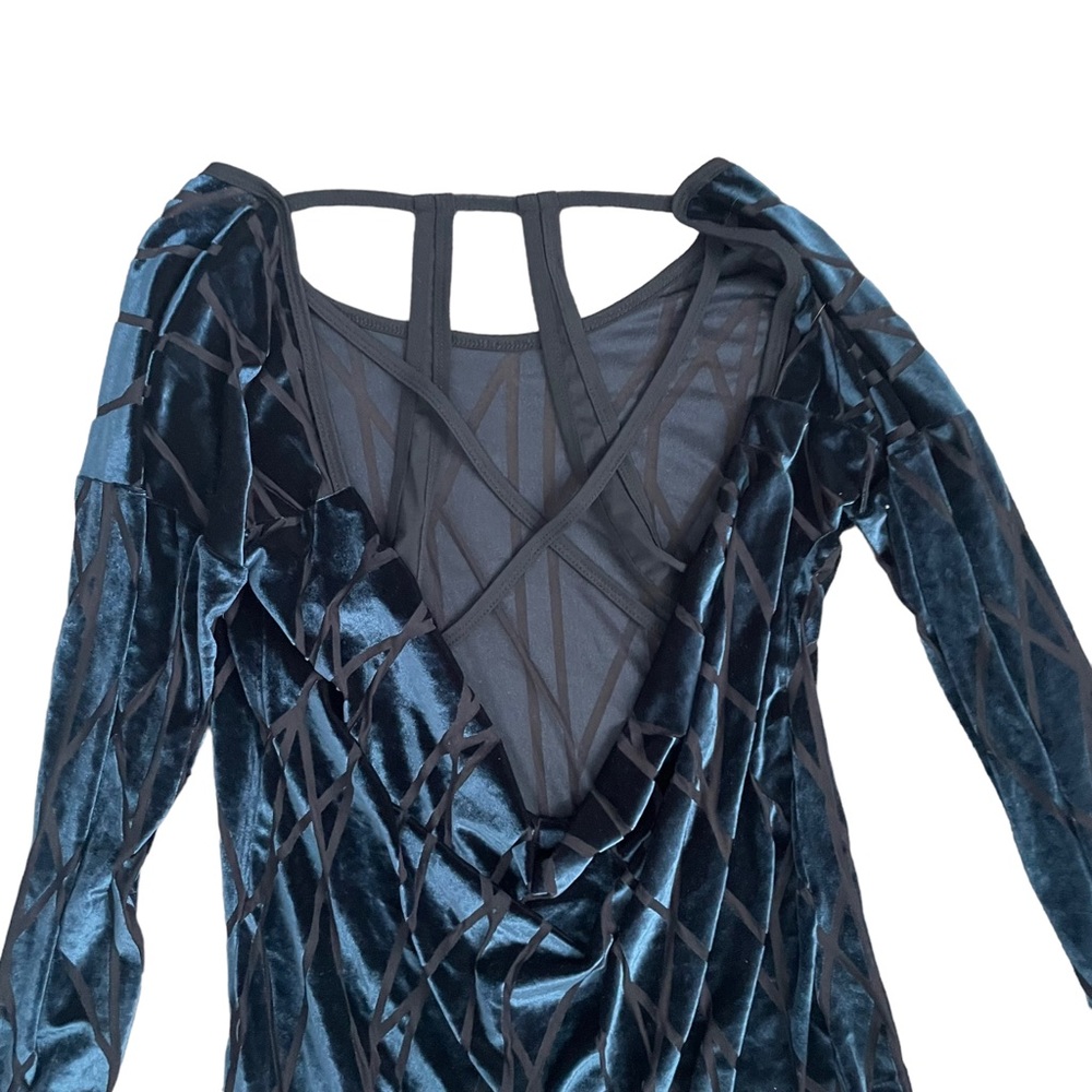 Zobha Navy Blue Open Back Draped Geometric Whimsygoth Sheer Long Sleeve Shirt - Picture 6 of 11